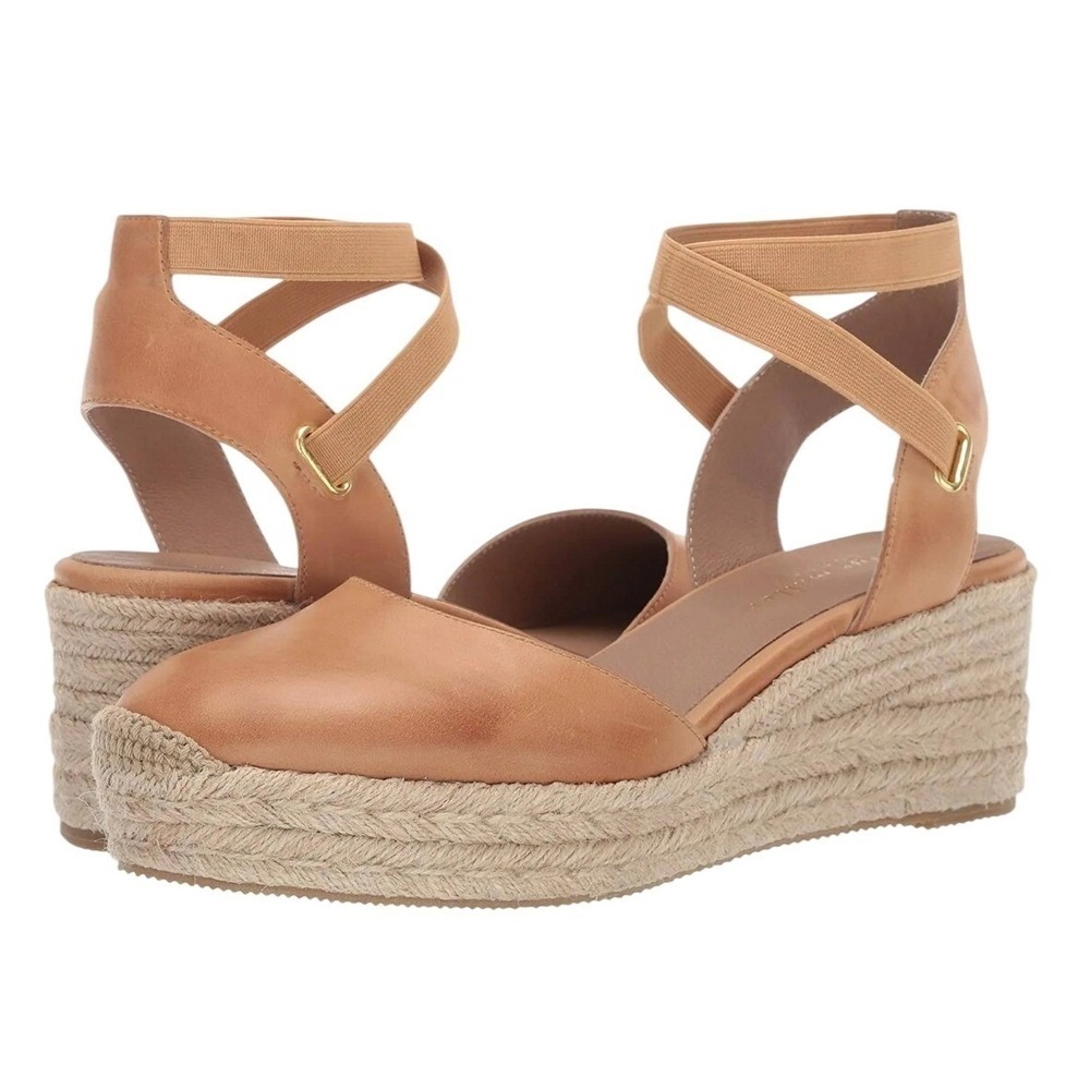 Bettye Muller Tan Leather Espadrille Wedge Sandals Ankle‎ Strap Women